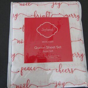 JOYLAND, New Chiristmas Sheet set, QUEEN,  flat, fitted & 2 cases,  RED SCRIPT